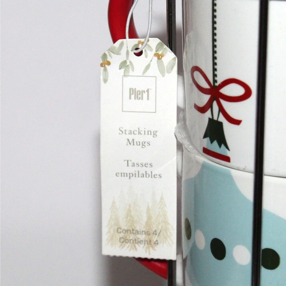 Pier 1 set 4 Stacking Mugs on metal stand Christmas ornaments